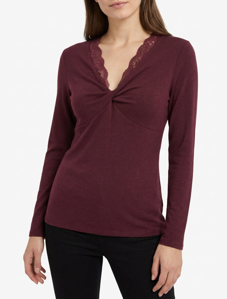 Maglione leggero con collo annodato - Bordeaux