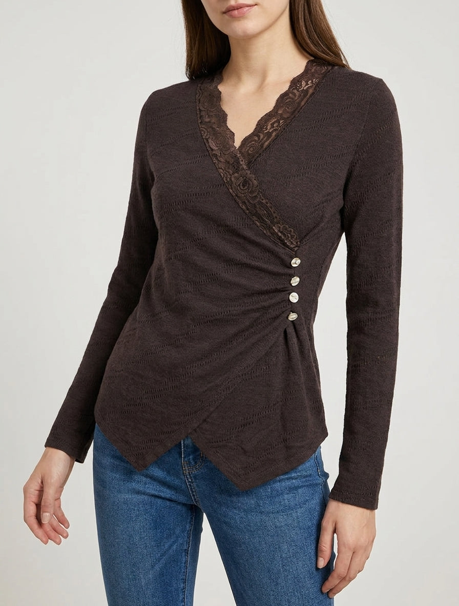 Maglione sottile con scollo a V in pizzo - Marrone