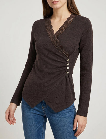 Maglione sottile con scollo a V in pizzo - Marrone