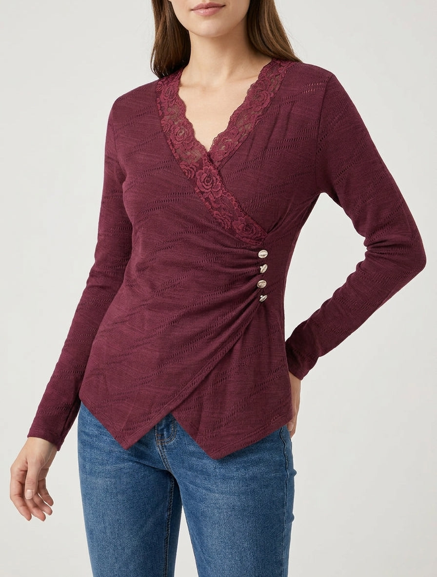 Maglione sottile con scollo a V in pizzo - Feccia di vino