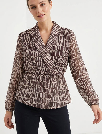 Blusa stampata con scollo a portafoglio - Marrone