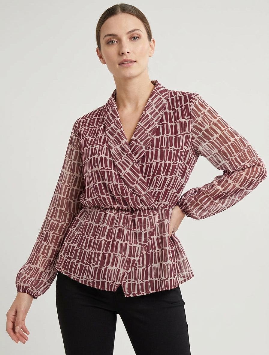 Blusa stampata con scollo a portafoglio - Bordeaux