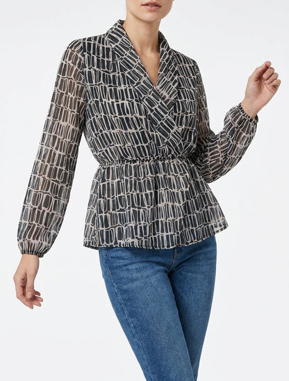 Blusa stampata con scollo a portafoglio - Nero