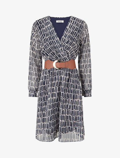 Robe mi-longue élastiquée imprimé graphique - Marine - 1