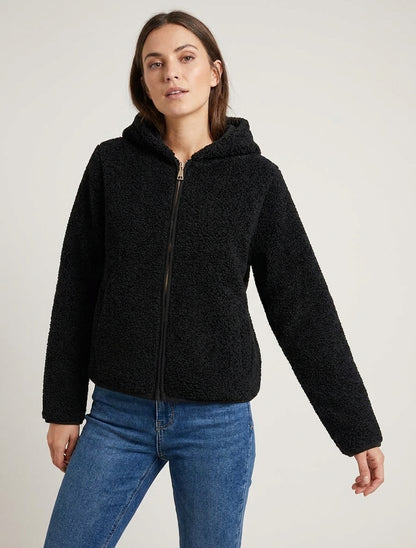 Giacca con cappuccio e zip effetto lana bouclé - Nero