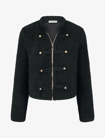 Veste effet laine bouclée style officier - Noir - 1