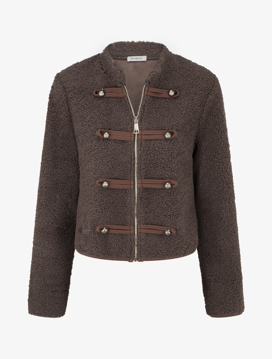Veste effet laine bouclée style officier - Marron - 1