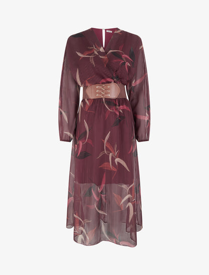 Robe longue imprimé feuilles à rayures irisées - Lie de vin - 1