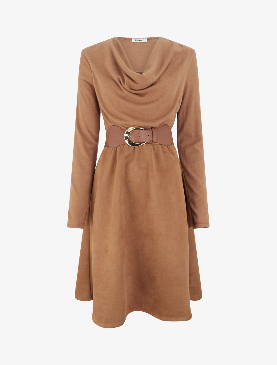 Robe bimatière à col bénitier - Camel - 1
