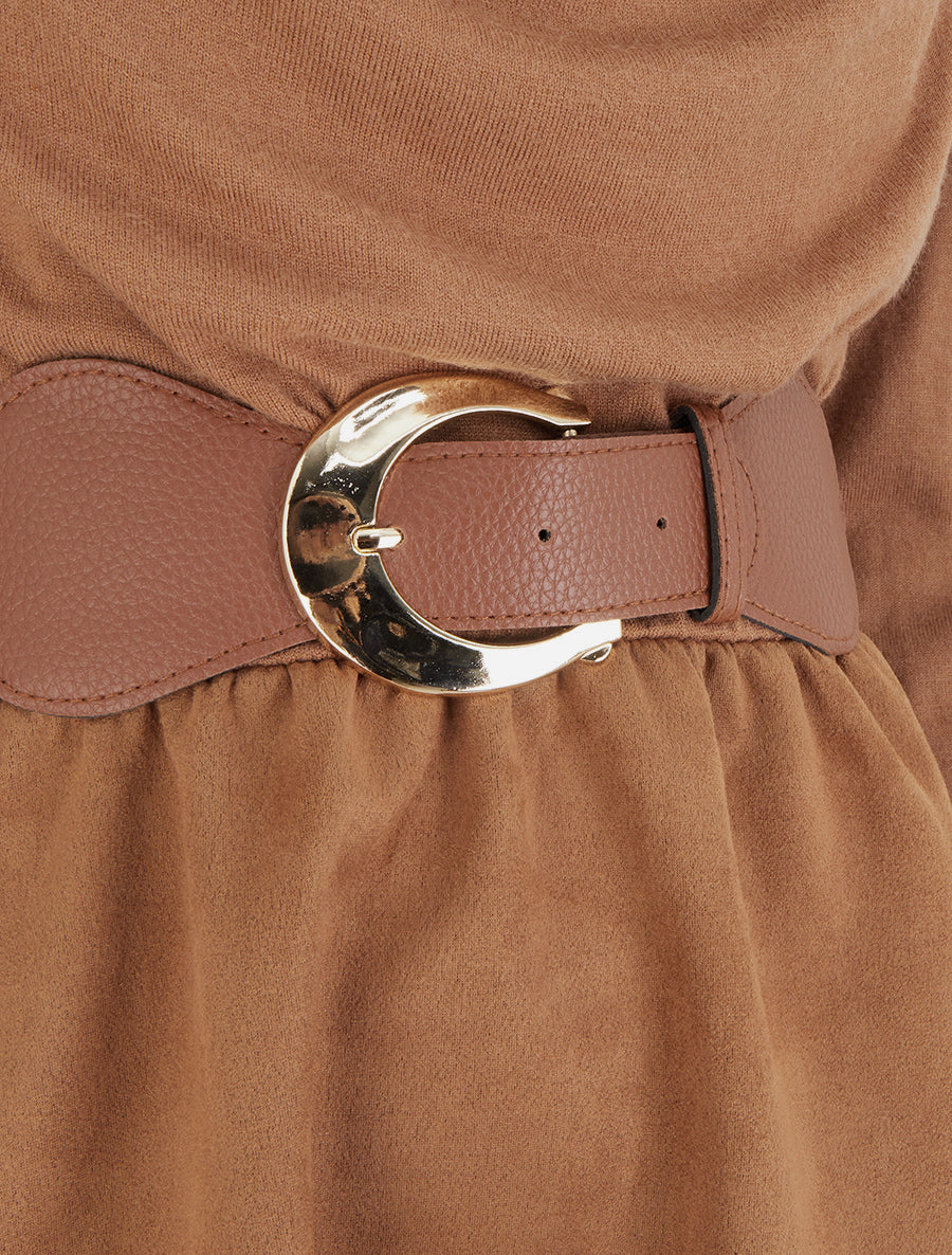 Robe bimatière à col bénitier - Camel - 3