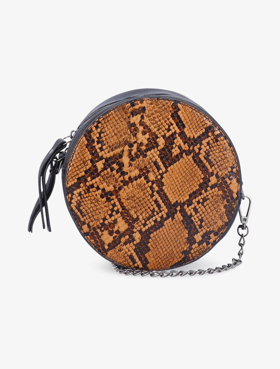 Minaudière ronde à imprimé python - Camel - 1