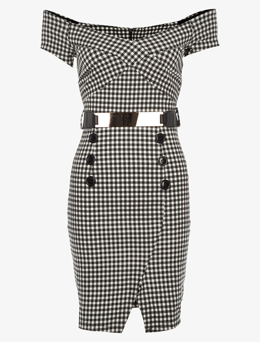Robe col V imprimé Vichy - Noir - 1