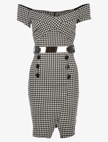 Robe col V imprimé Vichy - Noir - 1