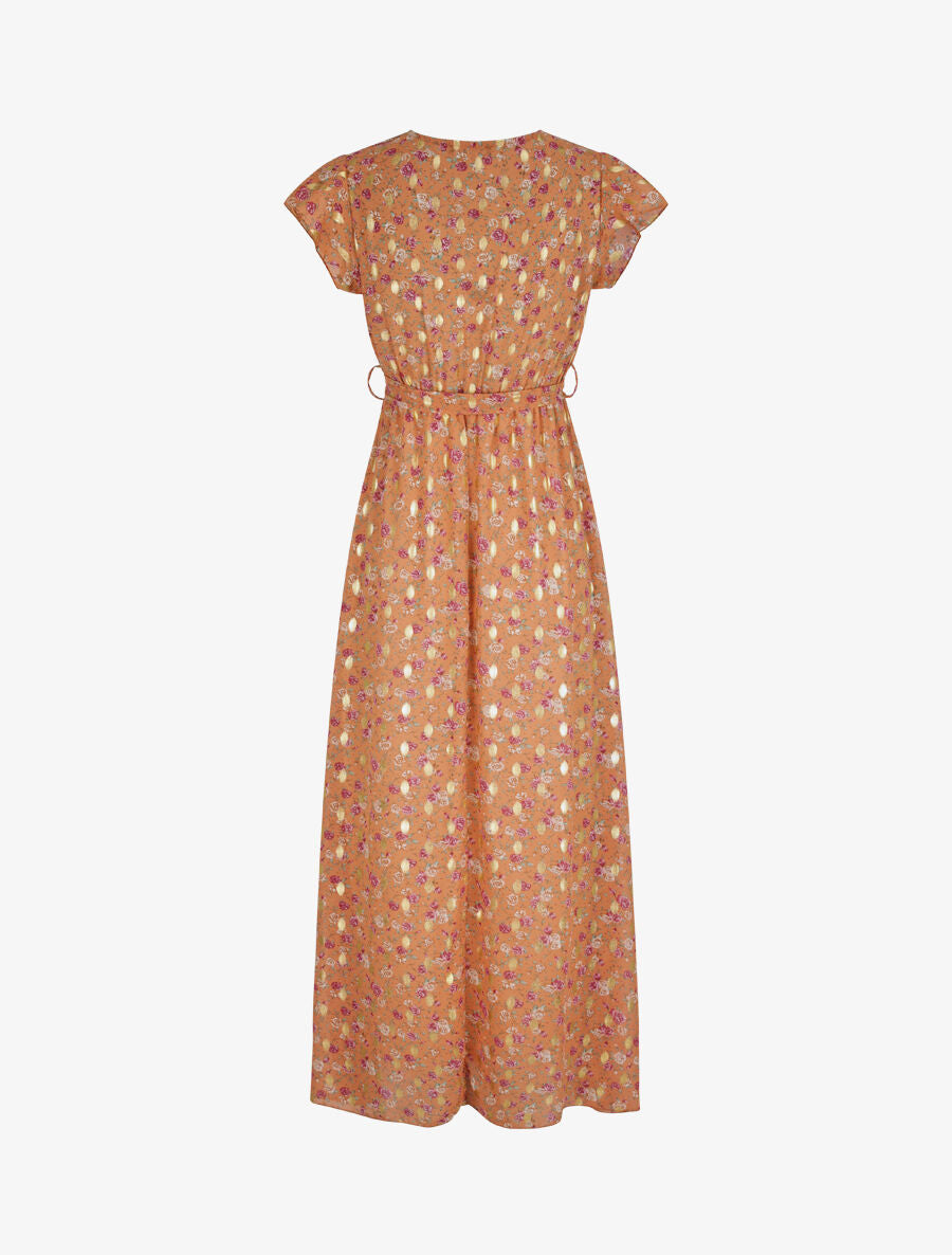 Robe longue cintrée imprimé roses irisées - Orange - 2