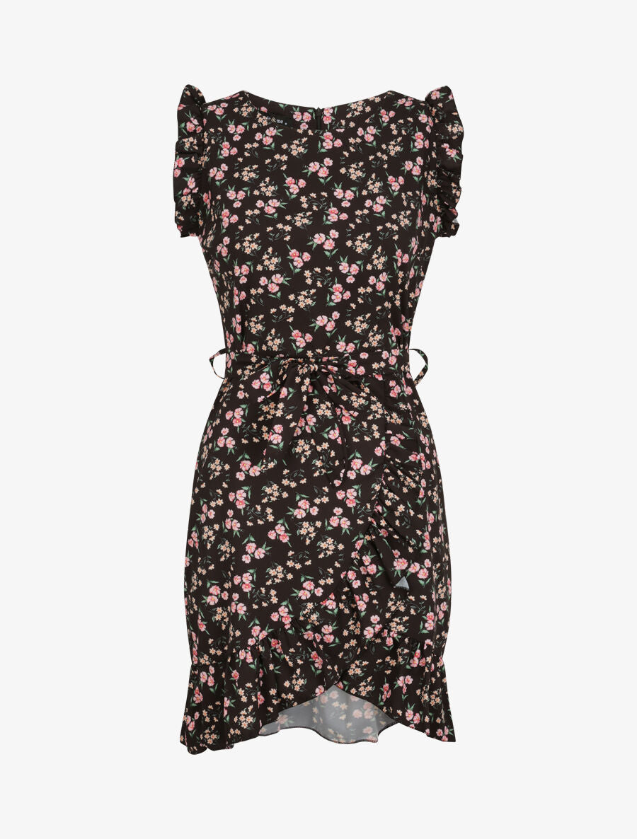 Robe imprimé fleurs des champs à bords volantées style portefeuille - Noir - 4