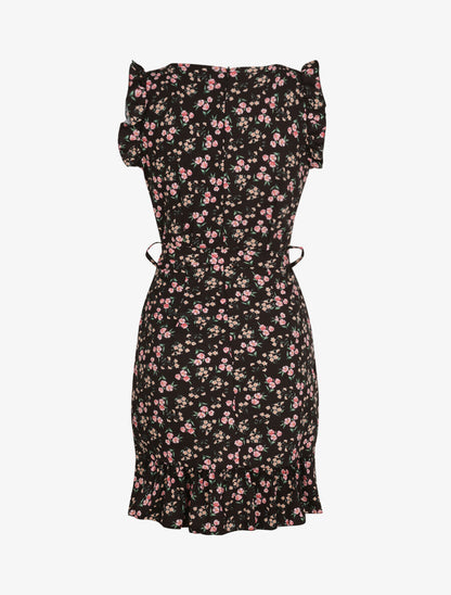 Robe imprimé fleurs des champs à bords volantées style portefeuille - Noir - 2