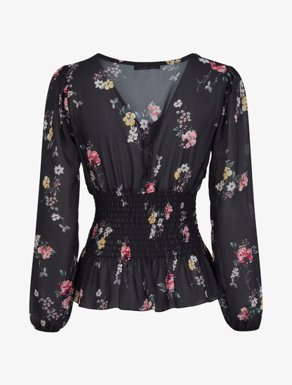 Top élastiqué imprimé floral - Noir - 2