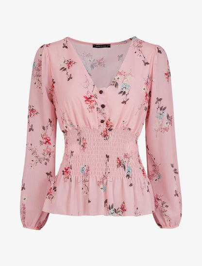 Top élastiqué imprimé floral - Rose pâle - 1