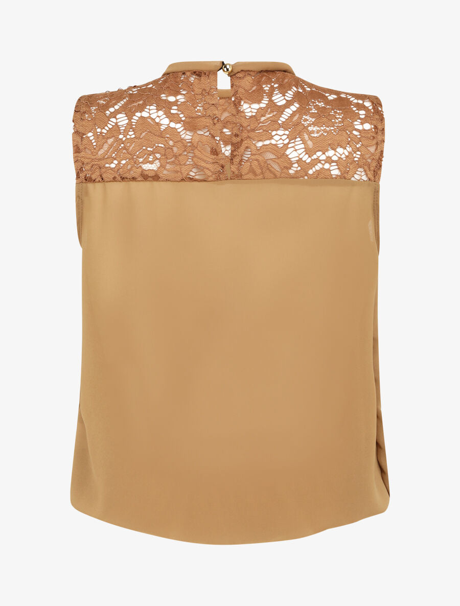 Top boule en voile à épaules en dentelle - Camel - 2