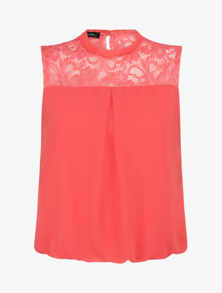 Top boule en voile à épaules en dentelle - Corail - 4
