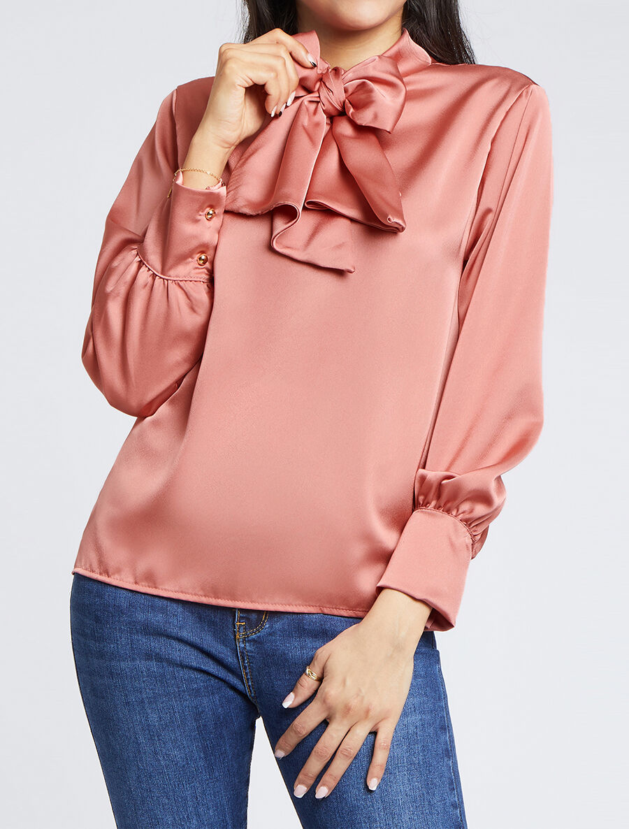 Top satiné à col lavallière - Vieux rose - 4