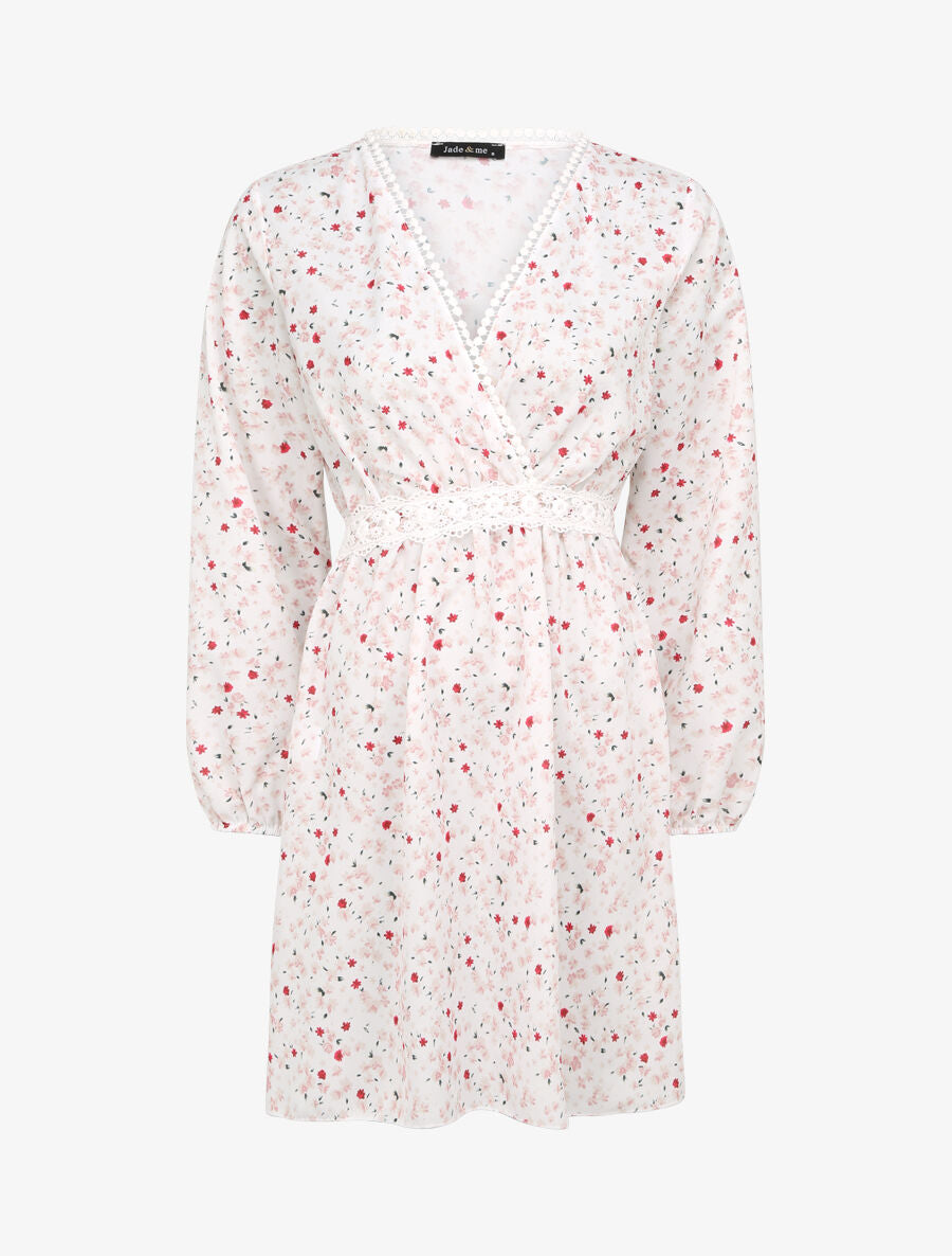 Robe imprimé fleurs de cerisier à détail crochet - Blanc - 1