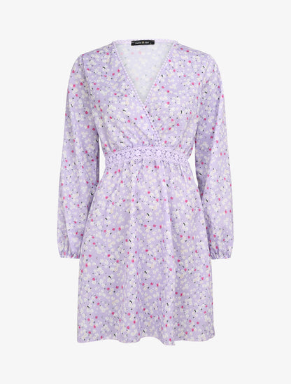 Robe imprimé fleurs de cerisier à détail crochet - Lilas - 4