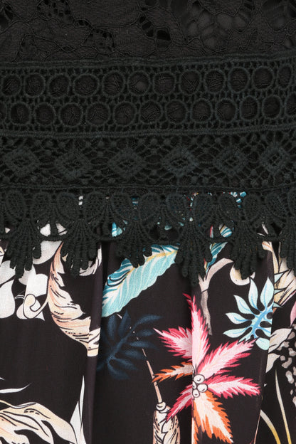 Robe longue imprimé fleurs baroques et buste en dentelle - Noir - 3