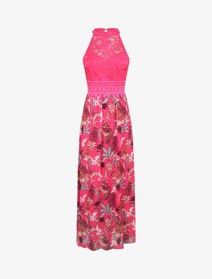 Robe longue imprimé fleurs baroques et buste en dentelle - Fuchsia - 1
