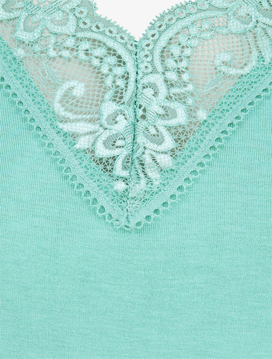 Top uni droit à manches dentelle - Vert menthe - 3
