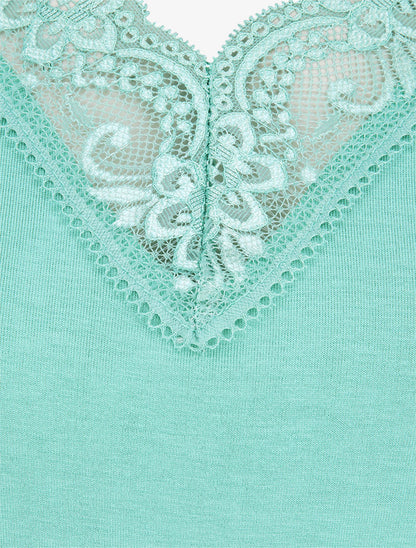 Top uni droit à manches dentelle - Vert menthe - 3