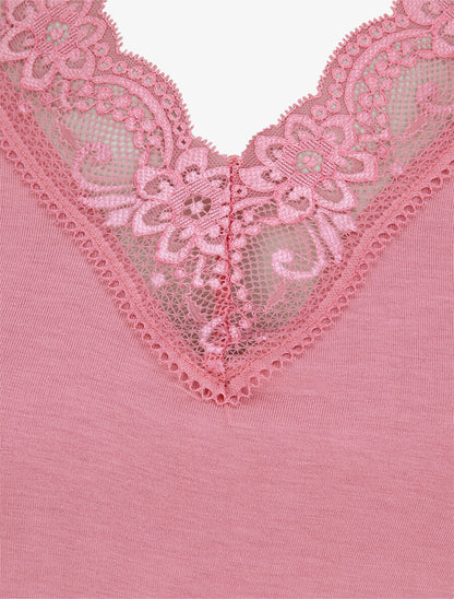 Top uni droit à manches dentelle - Rose - 3