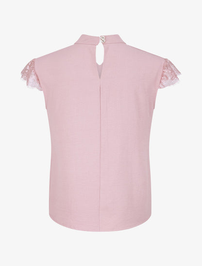 Top droit uni à mancherons dentelle - Rose poudré - 2