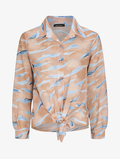 Chemise droite à nouer imprimé tigré stylisé - Camel - 5
