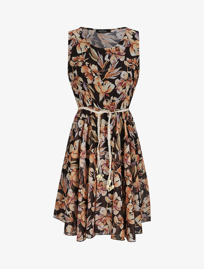 Robe patineuse sans manches imprimé fleurs romantiques - Noir - 1