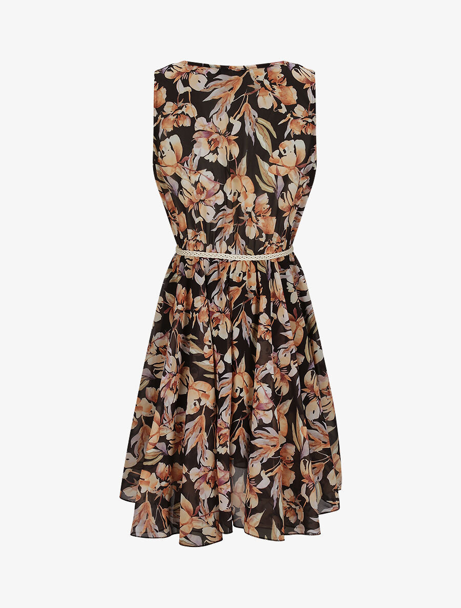 Robe patineuse sans manches imprimé fleurs romantiques - Noir - 2