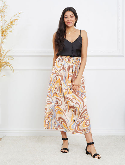 Jupe longue satinée imprimé swirly - Beige - 4