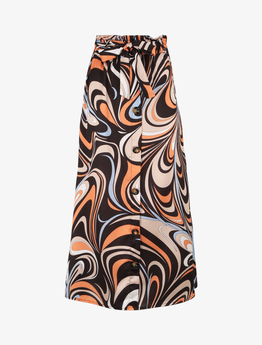 Jupe longue satinée imprimé swirly - Noir - 1
