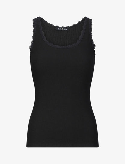 Débardeur slim uni à col rond dentelle - Noir - 1