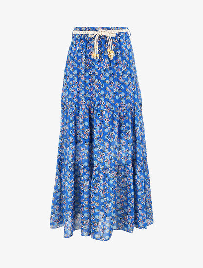 Jupe longue en voile imprimé fleurs et pois - Bleu - 1