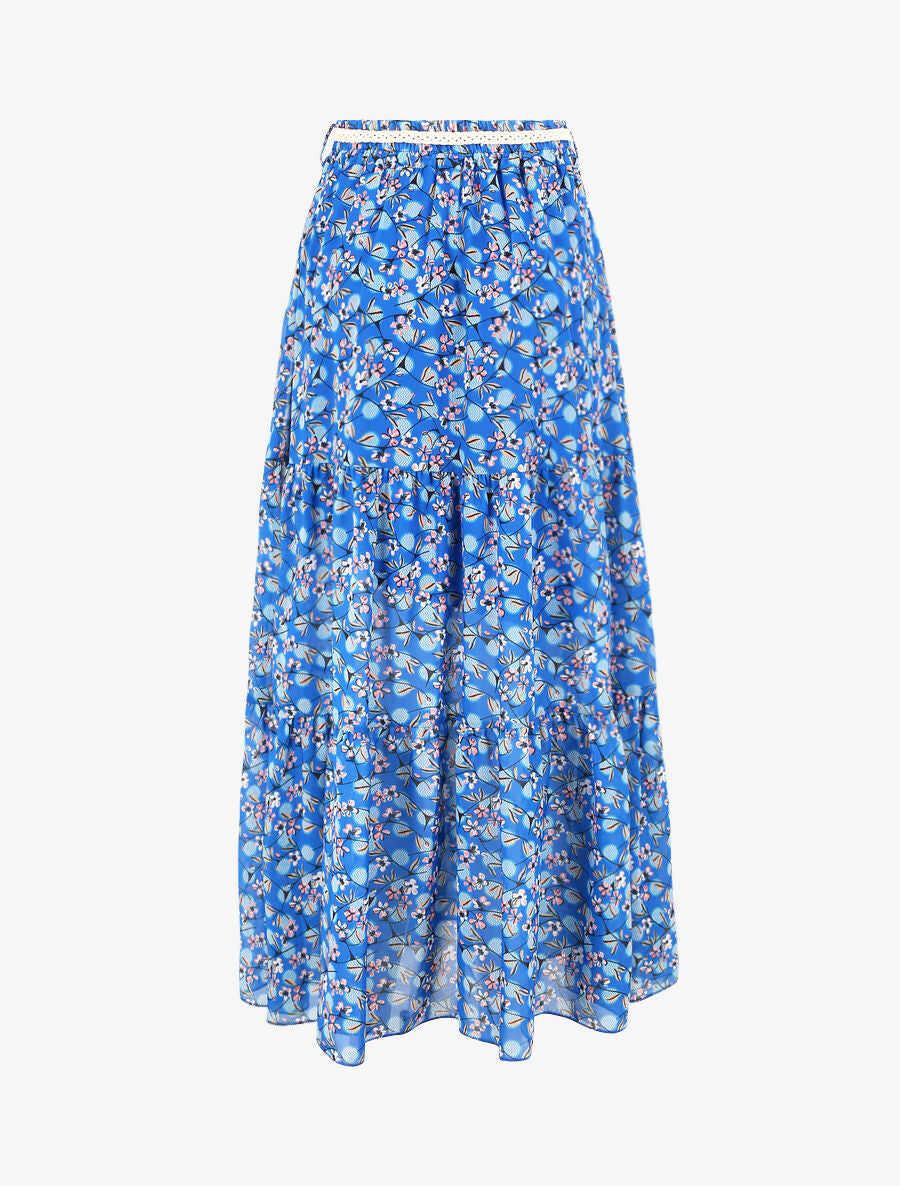 Jupe longue en voile imprimé fleurs et pois - Bleu - 2