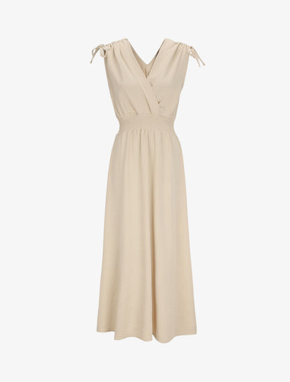 Robe longue cache-coeur à taille élastiquée - Beige - 1