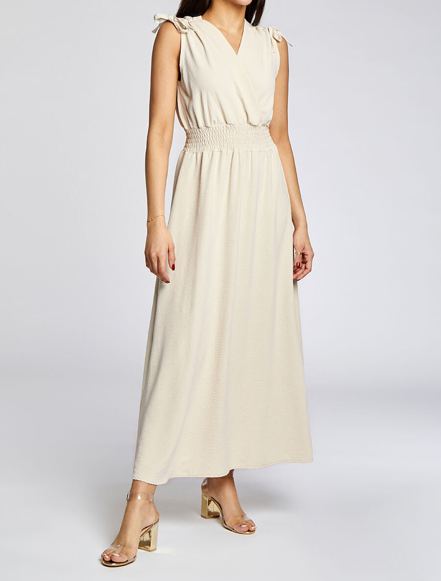 Robe longue cache-coeur à taille élastiquée - Beige - 4