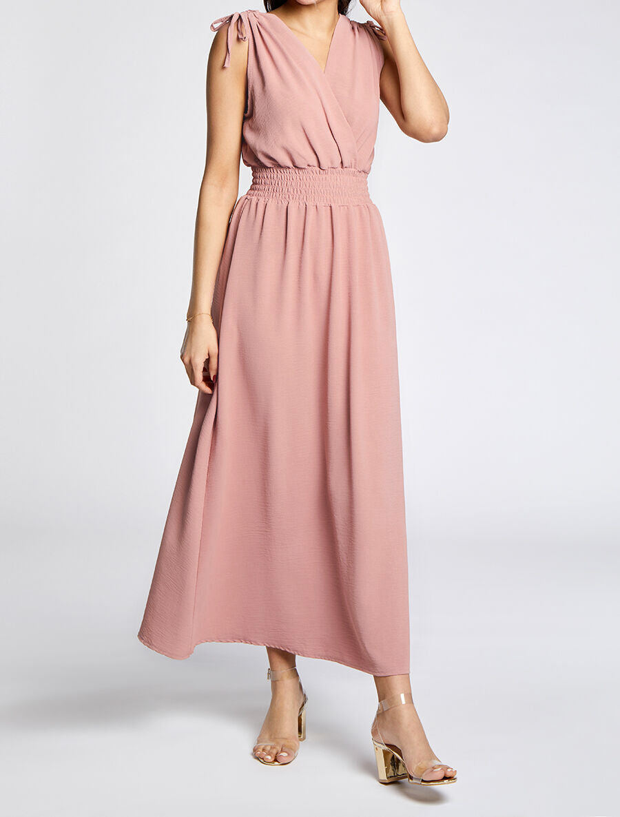 Robe longue cache-coeur à taille élastiquée - Rose - 4