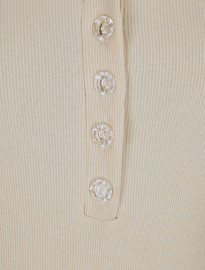 Body ajusté et côtelé à manches longues - Beige - 3