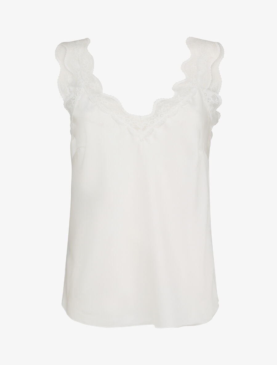 Débardeur droit satiné à bretelles en dentelle - Blanc - 4