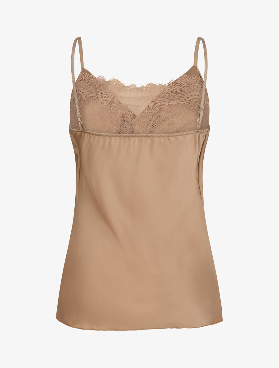 Caraco droit satiné à col bénitier et dentelle - Beige - 2