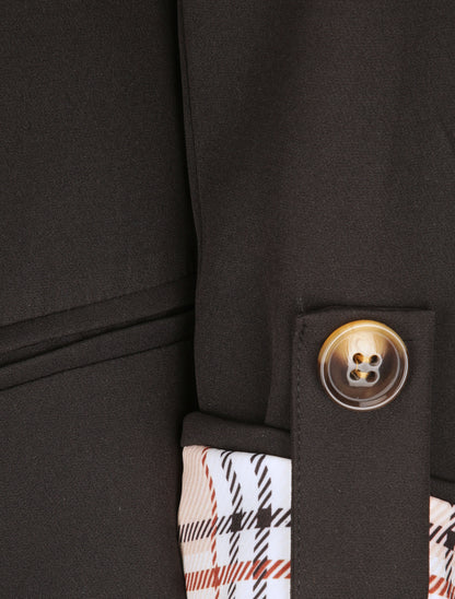 Blazer droit uni manches 3/4 à revers carreaux - Noir - 3