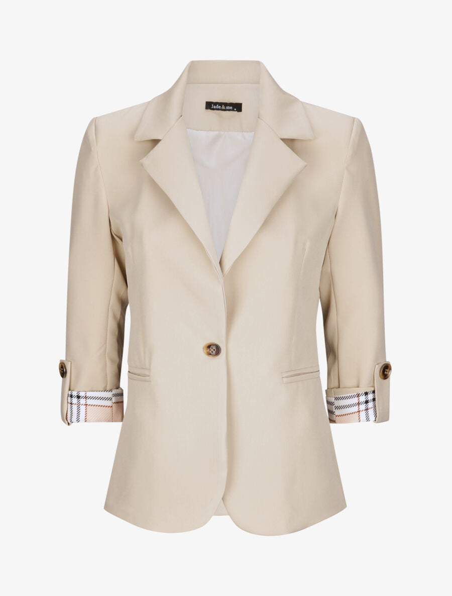 Blazer droit uni manches 3/4 à revers carreaux - Beige - 4