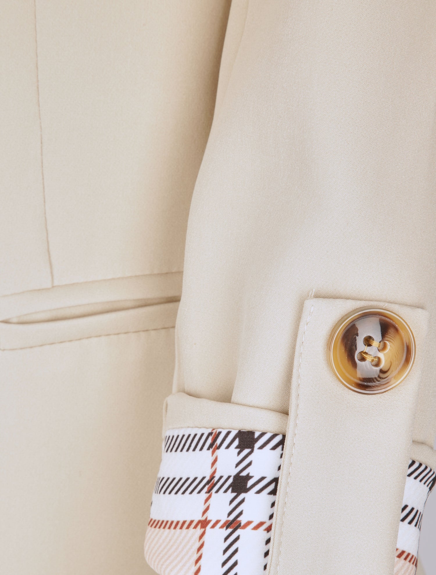 Blazer droit uni manches 3/4 à revers carreaux - Beige - 3
